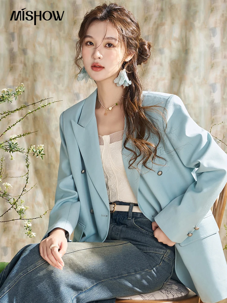 MISHOW Leisure Suit Jacket for Women 2024 Spring Solid Shoulder Pad Design Tailored Collar Button Loose Office Lady MXD12W0290