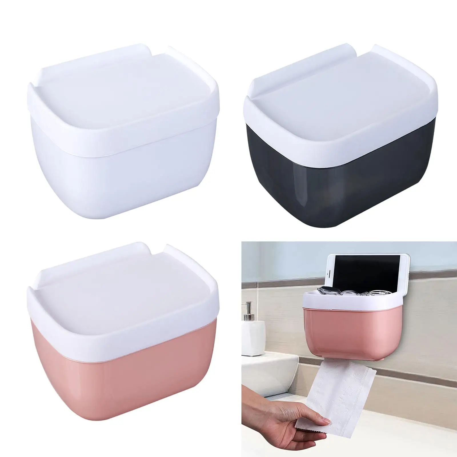 Adhesive No Drill Bathroom Tissue Holder Box Waterproof Wall Mounted Toilet Paper Organizer with Shelf for Kitchen Hotel Toilet