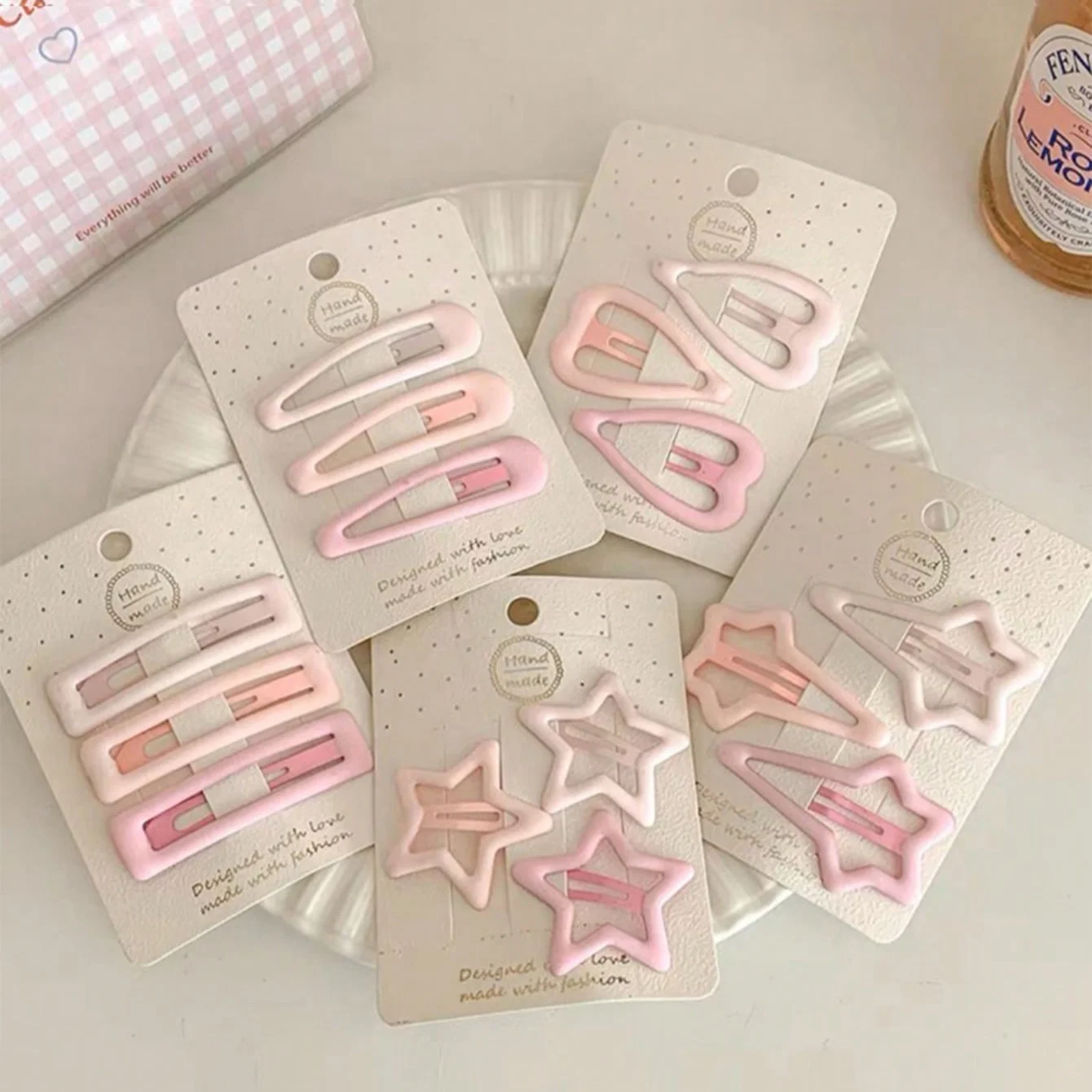 15 pink heart-shaped and star-shaped hair clips, matte gradient hair clips and hair clips, dopamine color (cardboard packaging)