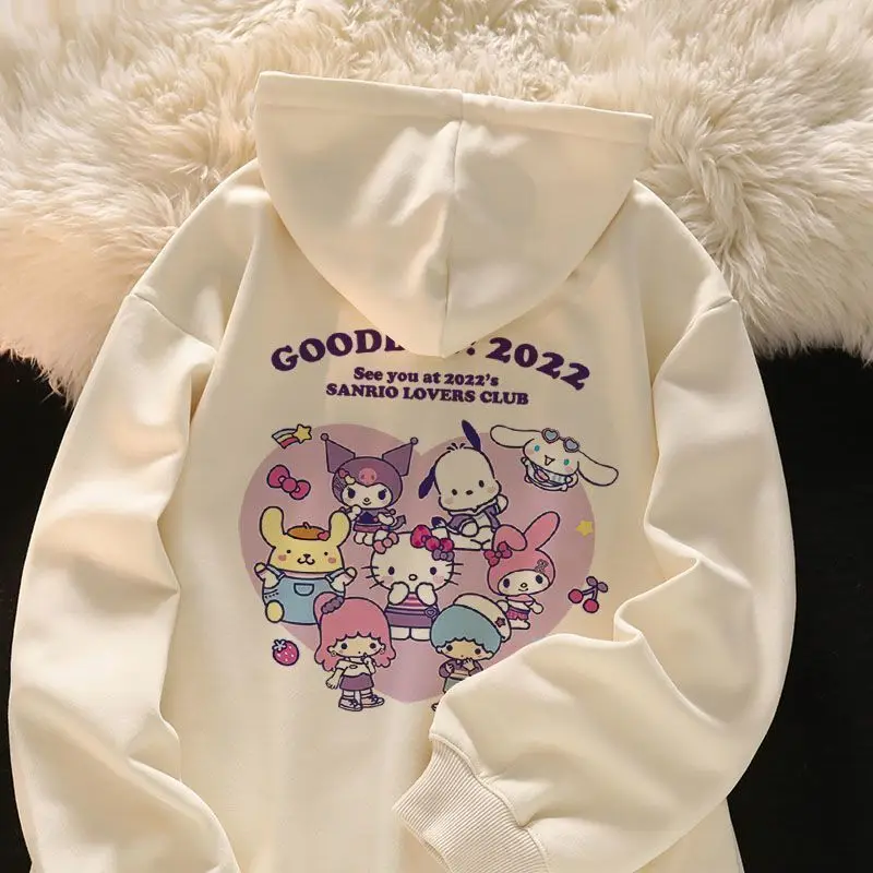 

Hello Kitty модное простое милое уютное пальто с рисунком «Моя мелодия» для девочек, топ на молнии, кардиган с длинными рукавами, нежный свободный свитшот с капюшоном