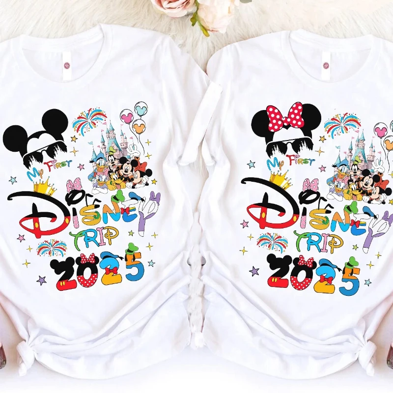 

The First Disney Trip 2025 Mickey Minnie Women Cotton T-shirt Summer New Unisex Couples Oversized Street Wear