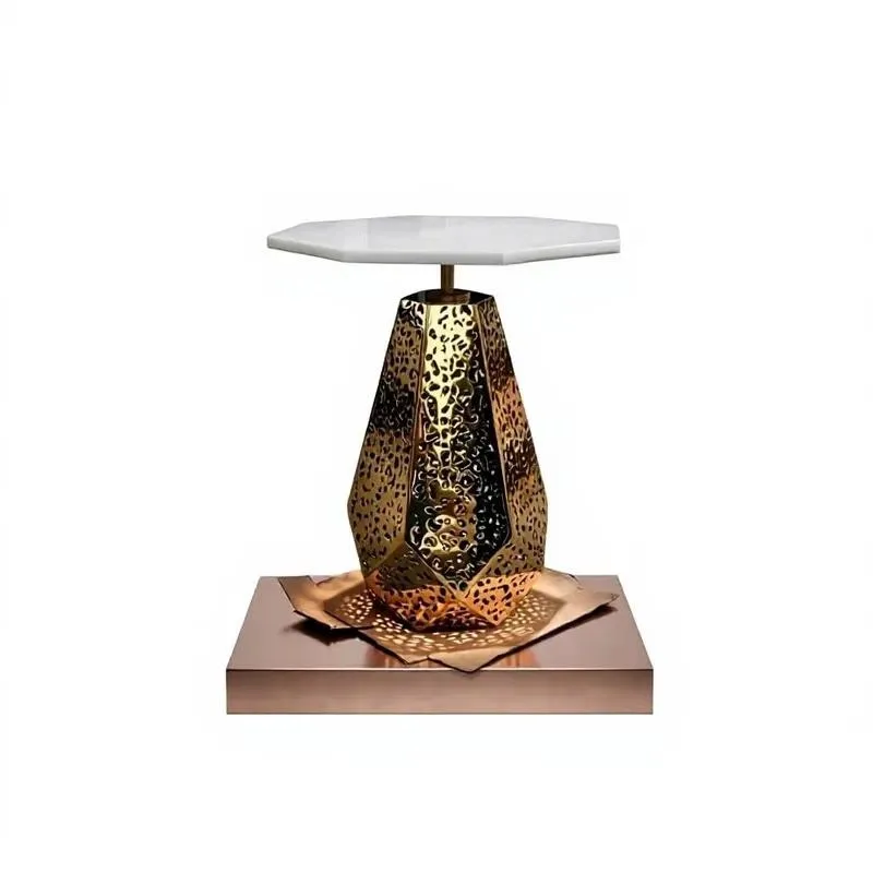 Rose Gold Plated Stainless Steel Side Table with Marble Top Modern Metal Decorative End Table for Bedroom Living Room