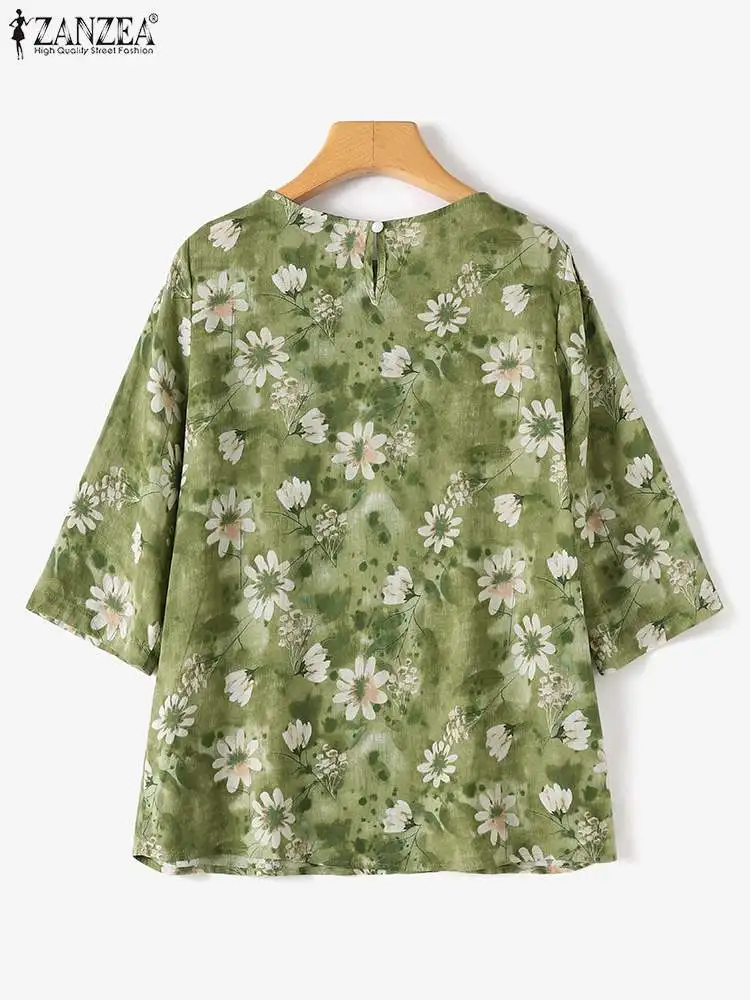 ZANZEA Fashion Cotton Linen Tops Women Flowers Printed Blouse Casual Loose 3/4 Sleeve Crewneck Shirt 2024 Summer Holiday Tunics