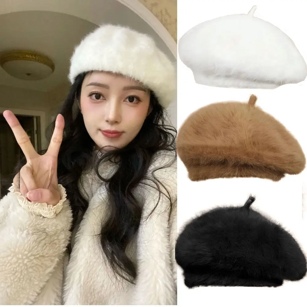 Warmer Plush Beret Hat Flat Hats Solid Color Thicken Autumn Winter Cap Clothes Accessories Panama Hat Warm Beanie Hat Party