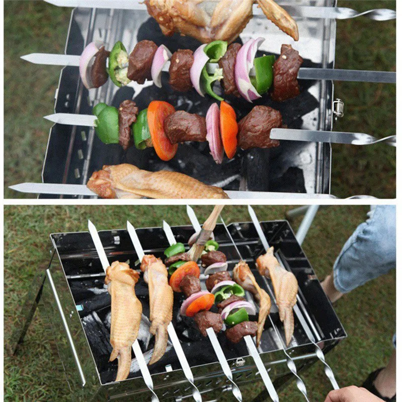 

12Pcs 55Cm BBQ Skewers Long Handle Shish Kebab Barbecue Grill Stick Wood BBQ Fork Stainless Steel Outdoors Grill Needle