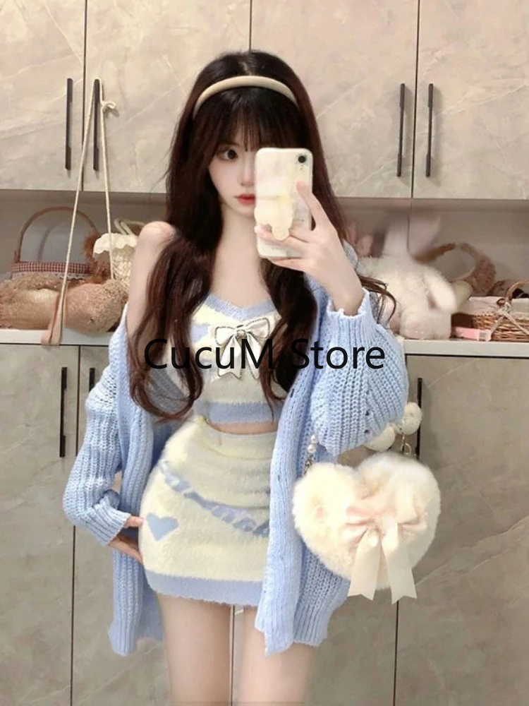 Blue Knitted Suit Woman Loose Casual Sweater + Sexy Vest + Slim Bodycon Mini Skirt Korean Fashion Y2k 3 Piece Skirt Set 2023