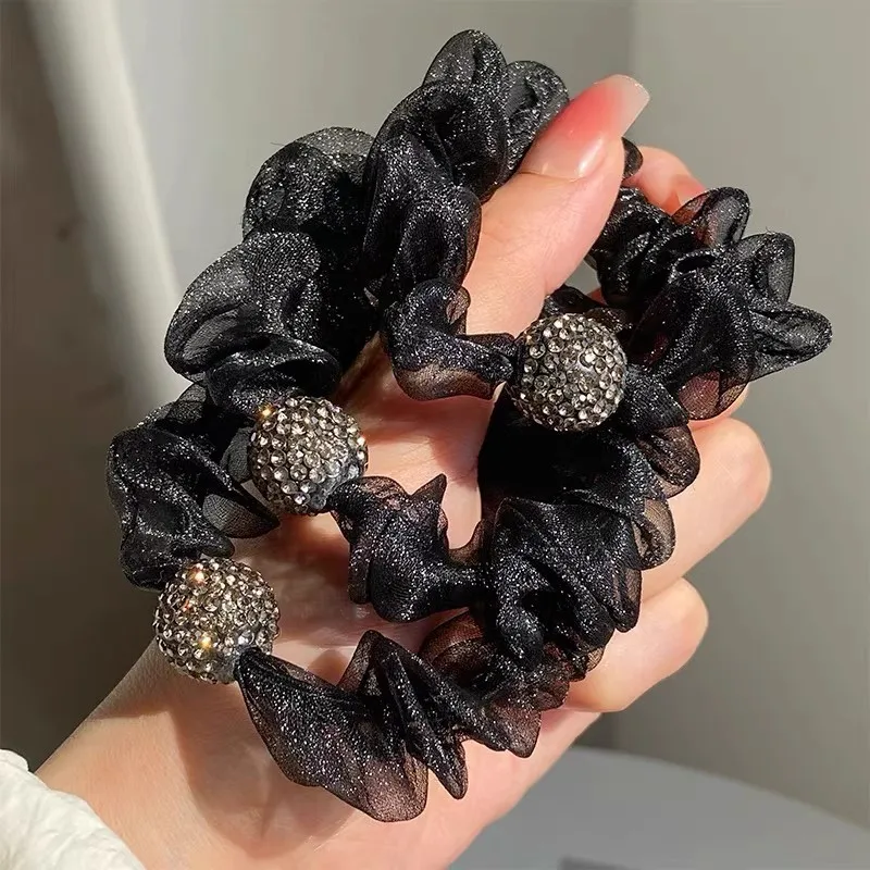 5PCS Women Organza Rhinestone Hair Band Set Simple and Elegant High Ponytail Hair Tie 2024 New High-End Pleated Scrunchie