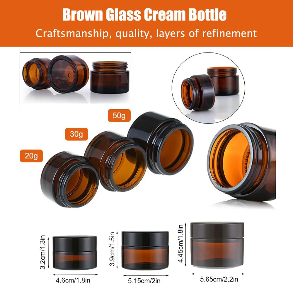 10Pcs Amber Glass Jars with Lids, 20/30/50ml Small Glass Jars with Inner Liners, Reusable Empty Bottles Round Cosmetic Container