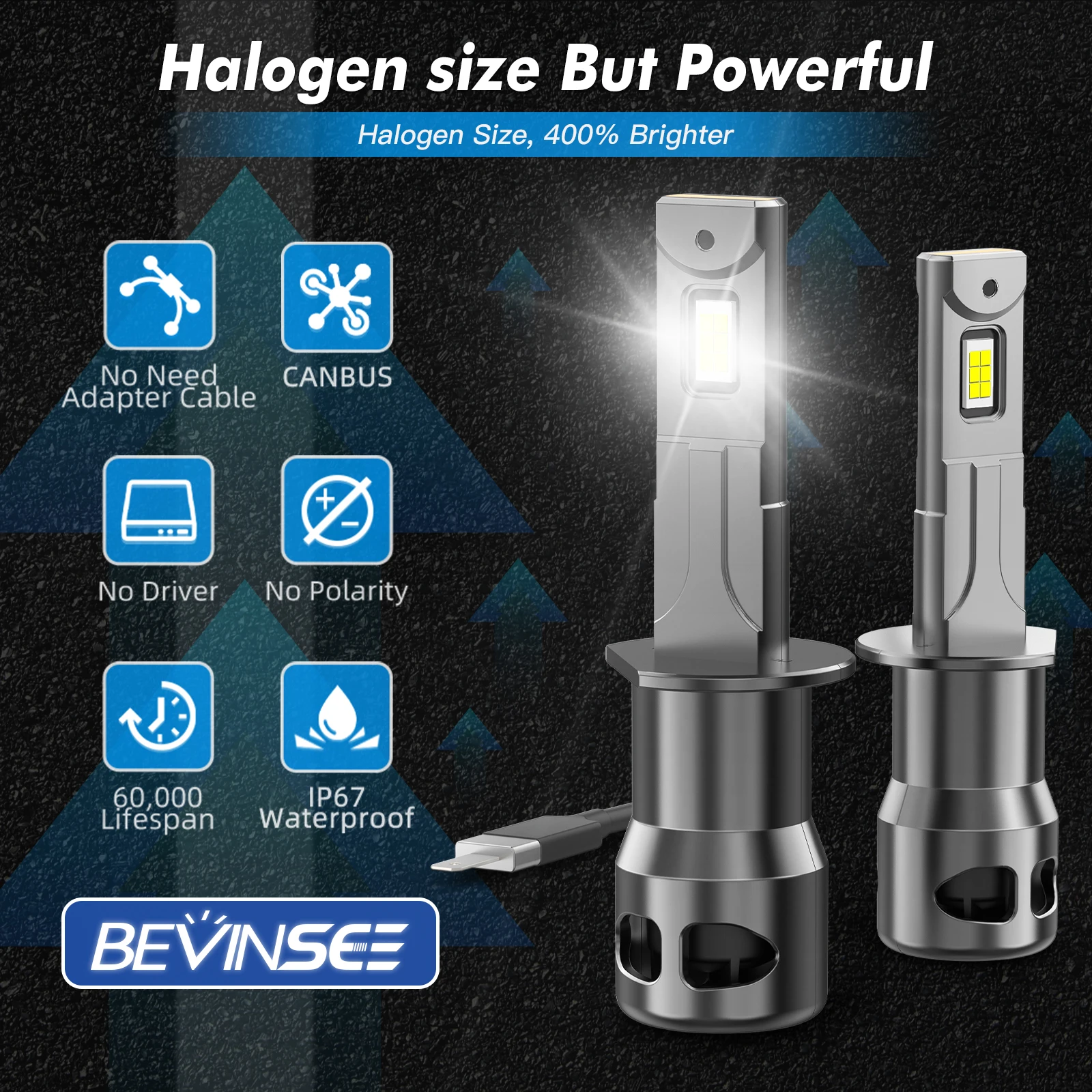 BEVINSEE 70W 12000LM H1 H3 H11 LED-Nebelscheinwerfer CANBUS 9005/HB3 H27 880 881 Halogen-Größe LED-Lampe 6000K Weiß Kabellos 12V – Detail 8