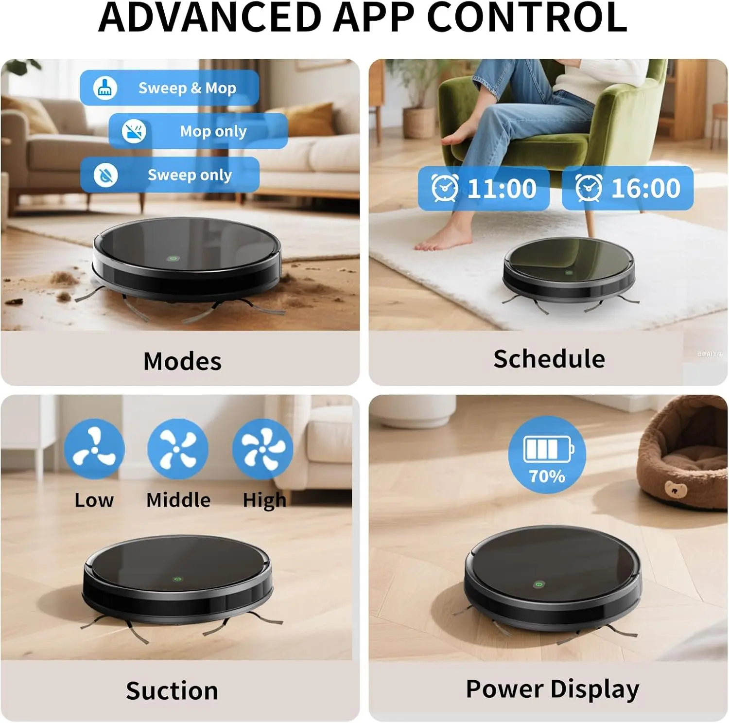 مجموعة مكنسة وممسحة روبوت 2 في 1، شفط 5000 باسكال، وقت تشغيل 120 دقيقة، 2.9 بوصة رفيع، تطبيق/صوتي/جهاز تحكم عن بعد، شحن ذاتي