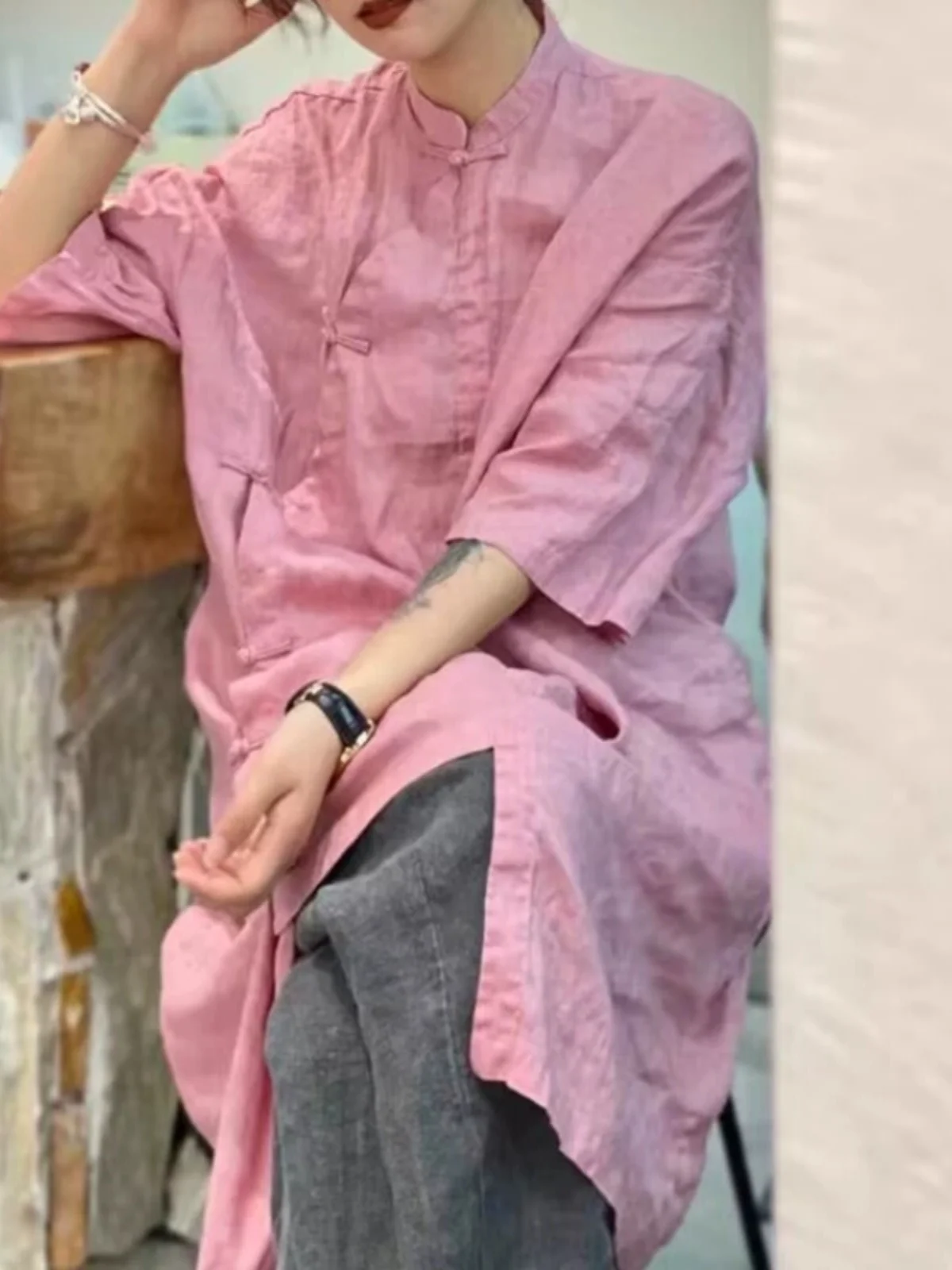 

Женский длинный летний топ в стиле ретро в китайском стиле на пуговицах с воротником-стойкой и пятью пуговицами, с разрезом спереди, повседневный свободный крой