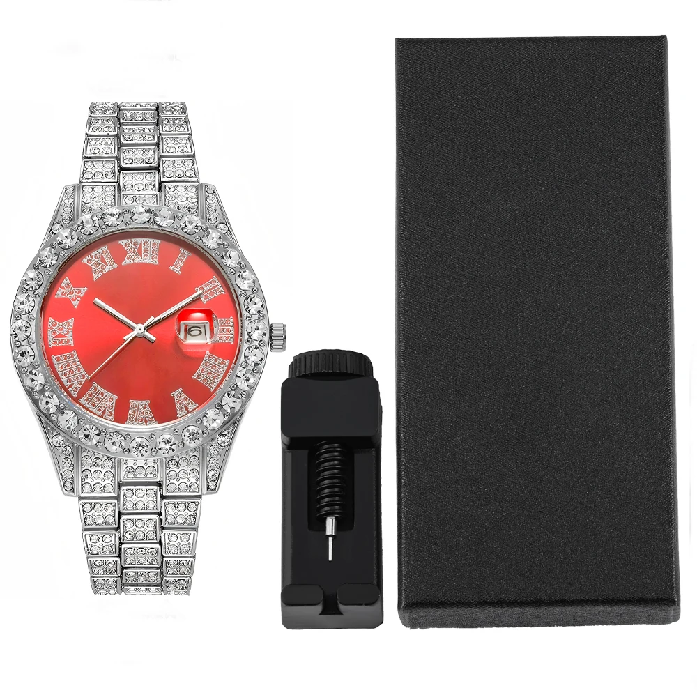 2-teiliges Hip-Hop-Punk-Uhrenset mit Diamantbesatz, runde Luxus-Herrenuhr, glänzendes Schmuckgeschenk mit Armbandversteller für Damen, Alltagskleidung – Detail 3