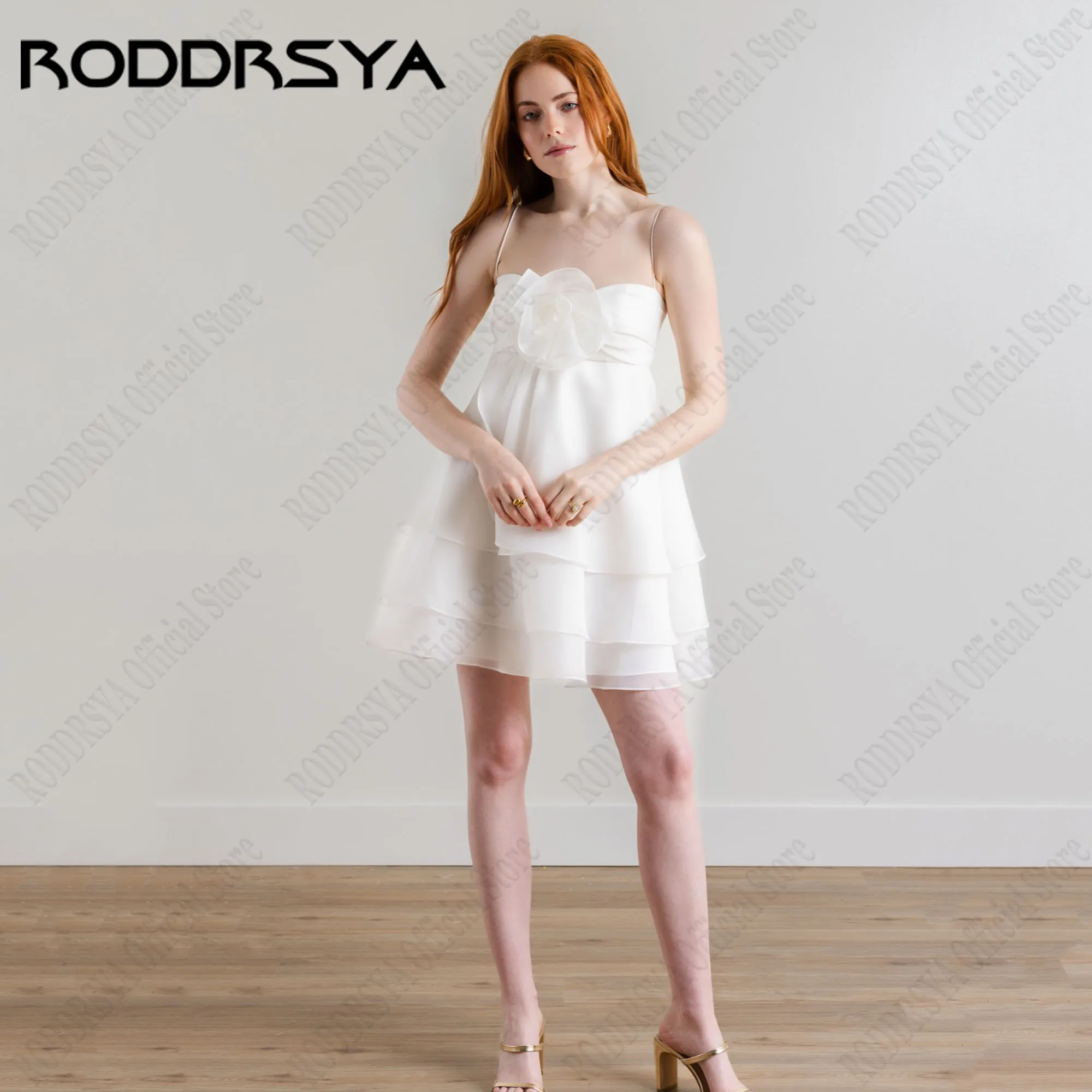 

RODDRSYA A-Line Short Wedding Dresses Spaghetti Straps Flowers Organza Bride Gowns Sleeveless Backless robe de mariée Customized