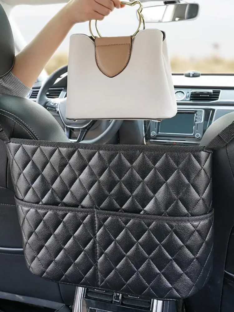 Filet de rangement pour siège central de voiture, grande capacité, fournitures en cuir, sac arrière suspendu, sac de rangement pour chaise, rangement d'articles de voiture B Y5M4