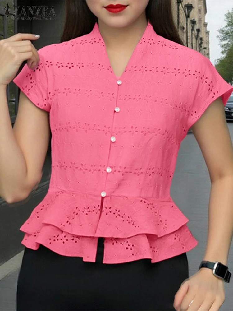 

Lace Hollow Out Tops Women Casual OL Work Shirts Summer V Neck Blusas 2025 ZANZEA Fashion Solid Color Ruffled Tunic Oversized
