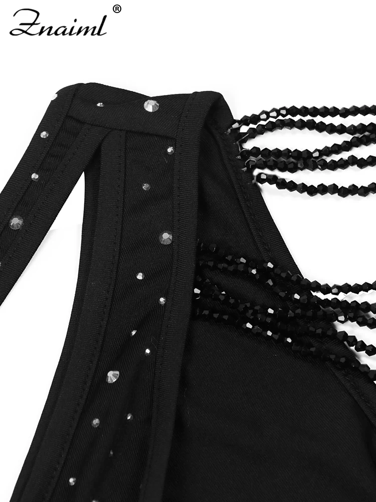 Znaiml Women Luxury Diagonal Collar One Shoulder Strap Black Beading Bodycon Gowns Mini Dress Birthday Sexy Night Club Bar Robe — zdjęcie 7