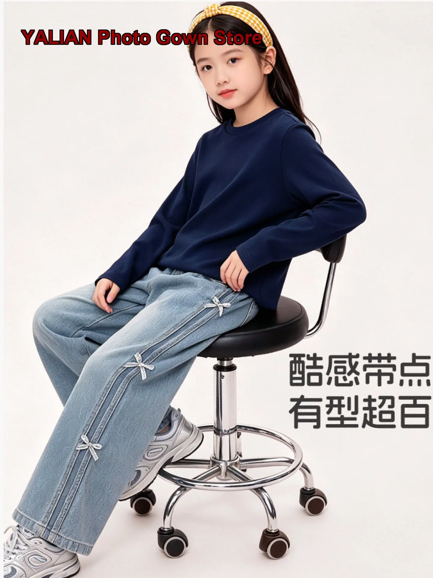Royal Kids Girls Denim Long Pants Autumn Bowknot Decorated Beautiful Loose Older Kids