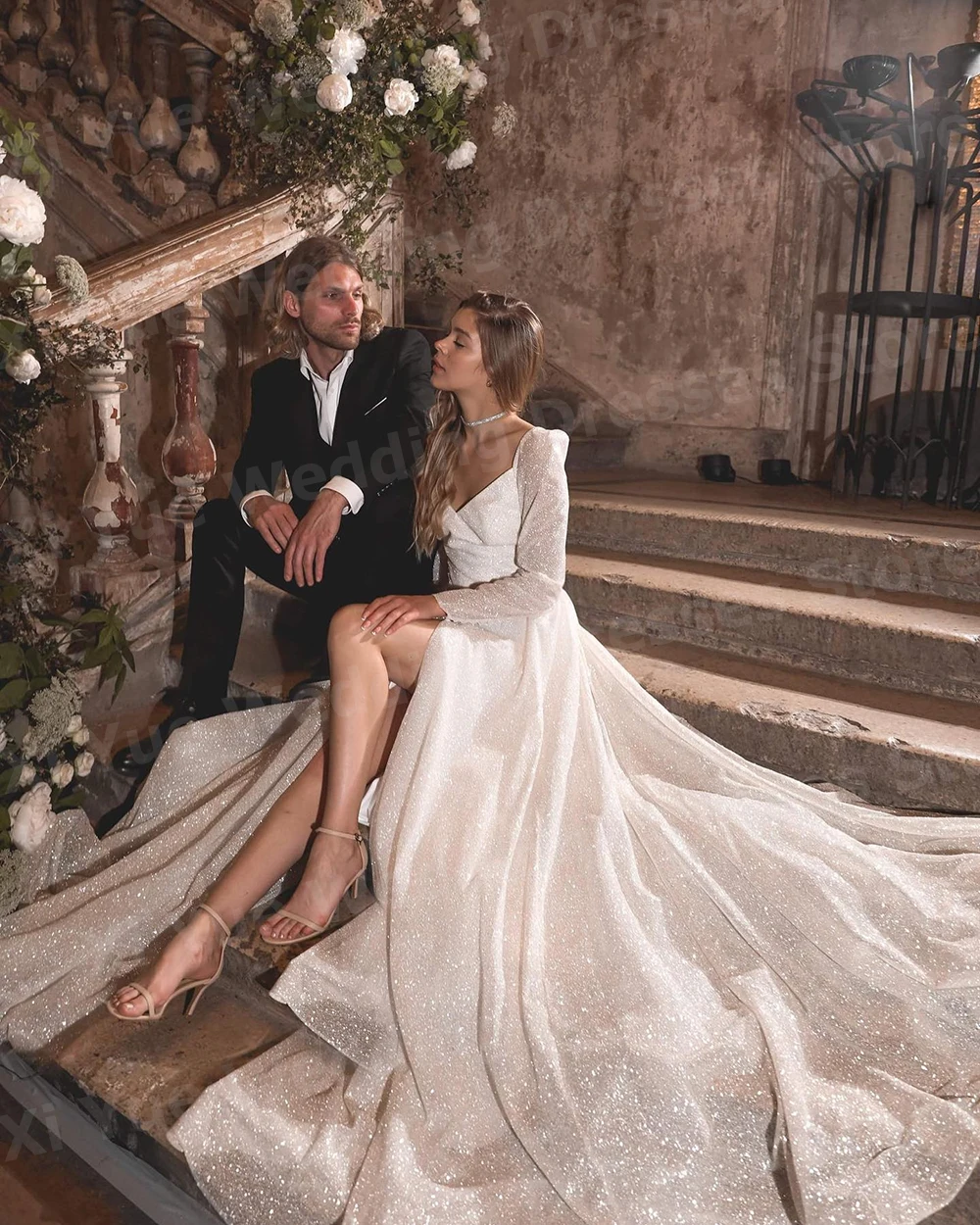 반짝이는 A라인 여성 웨딩드레스 V넥 긴팔 베스티도 데 노비아스 데 보다 신부 가운 맞춤 사이드 슬릿 베스티도