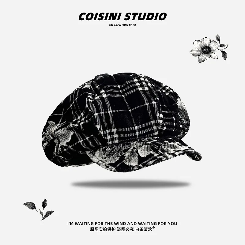 

Korean Retro Color Matching Plaid Printing Berets for Women Summer Autumn Travel Versatile Show Face Small Casual Painter Hat