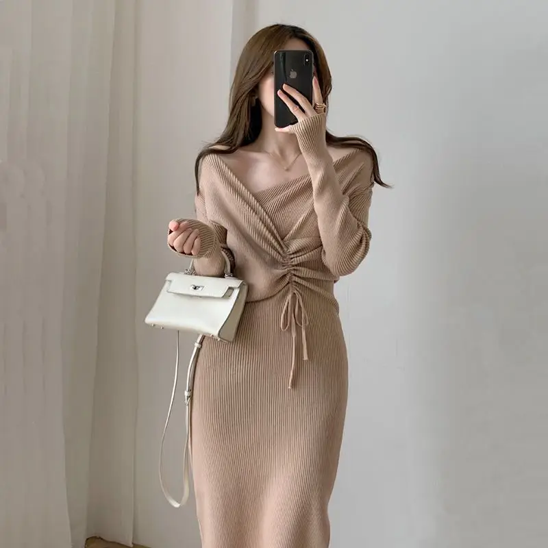 Korejpaa Autumn Knitted Dress 2024 New Korean Fashion V Neck Slimming Drawstring Bodycon Dresses Women Gentle Split Vestidos