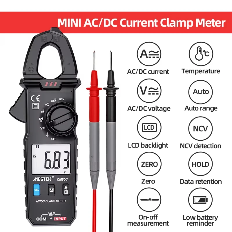 AC DC Current Digital Clamp MESTEK CM85C 600V Voltage Voltmeter  Ammeter DC Current Clamp Meters Meter 1mA Accuracy Mini Digital