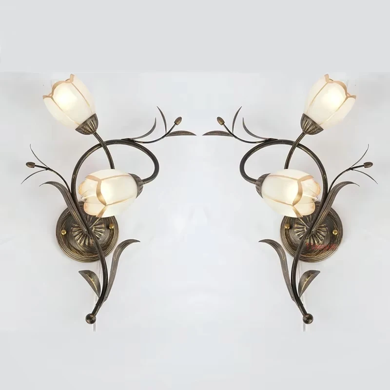 White Flowers Vintage Iron Wall Lamps Living Room Decor Dining Kitchen Wall Light Bedroom Frosted Metal Glass Lighting Fixtures