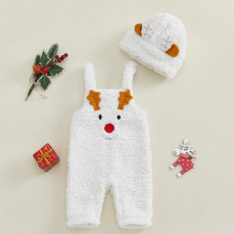 Baby Christmas Romper Set Sleeve Cartoon Elk Furry Jumpsuit with Hat Winter Clothes