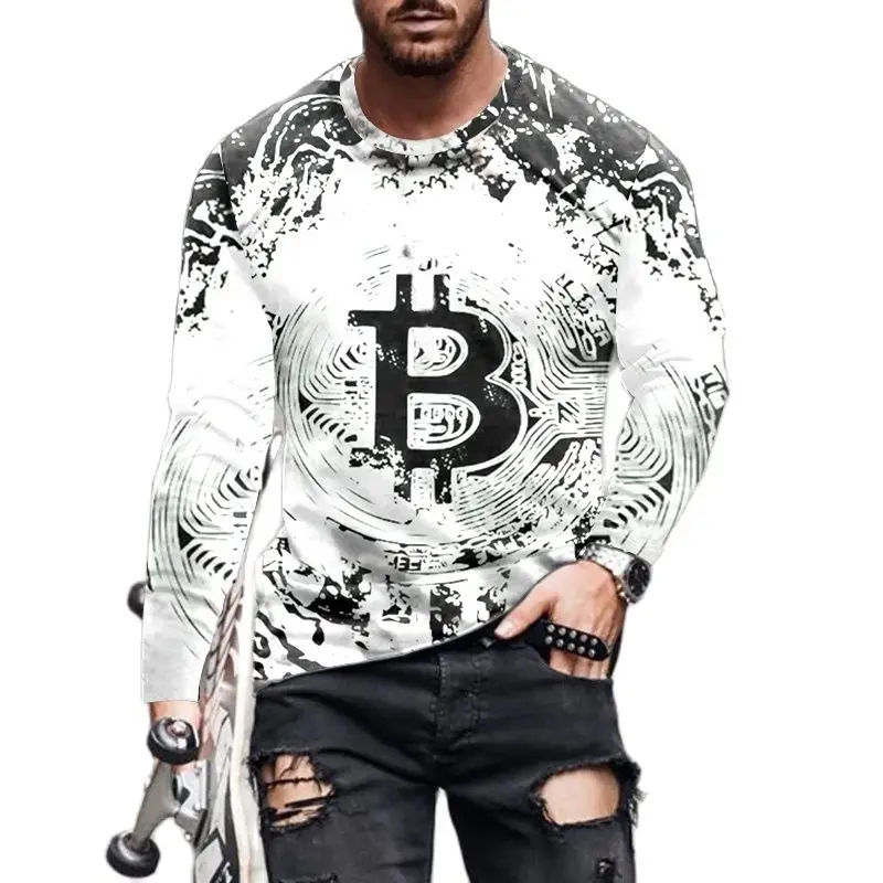 Fashion Bitcoin Graphic 3D Pringted Mens T-shirts Spring Streetwear Round Neck Long Sleeve Casual Loose Tops Tee Men Clothing