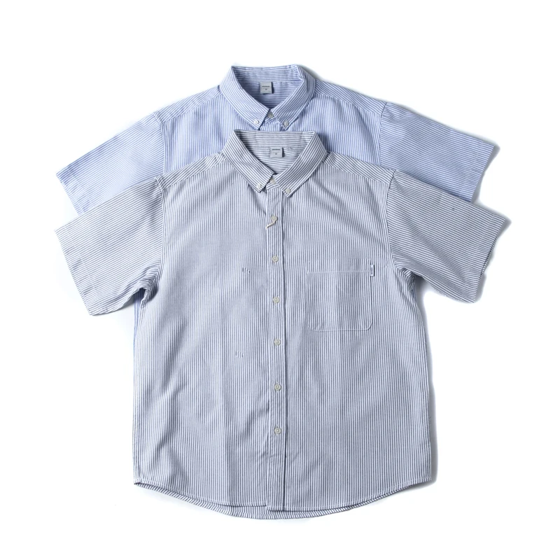 

Loose Fit Ox Cloth irt Men's Casual ort Sve Blue White Stripes Retro Hong Kong Sle Artistic Cotton Summer irt