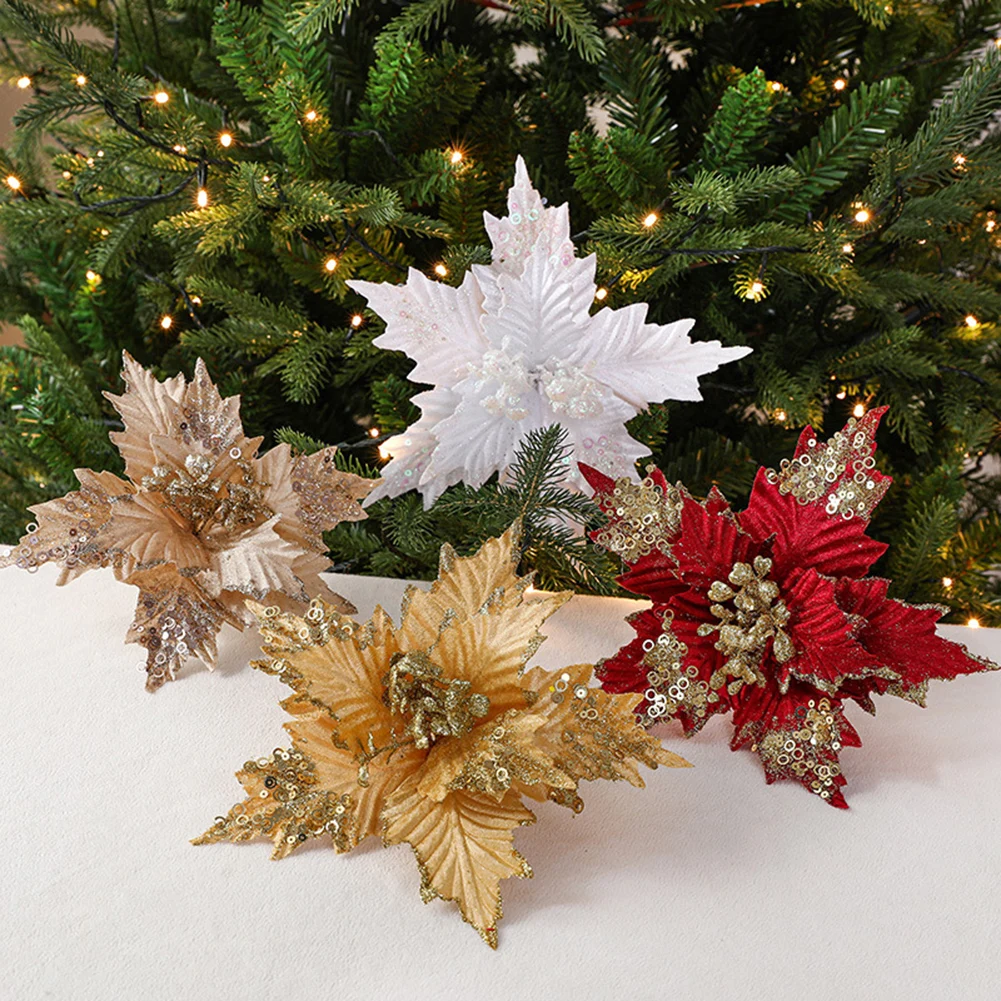 

1pcs 26CM Glitter Artificial Christmas Flowers DIY Fake Flowers Xmas Tree Ornaments For Home 2024 New Year Decoration Supplies