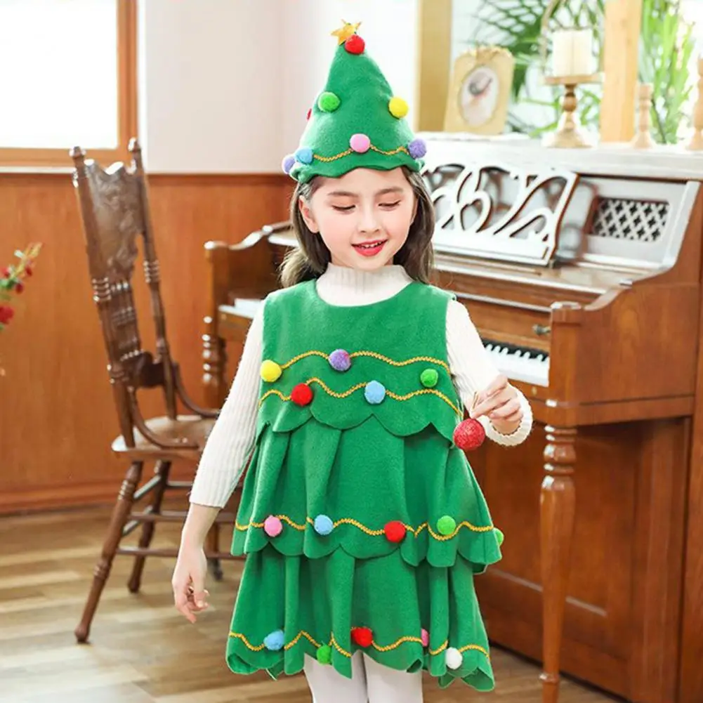 Vestido de Natal com chapéu para crianças e adultos, Traje Cosplay de Natal, Decoração de Bolas Coloridas, Vestido Performance