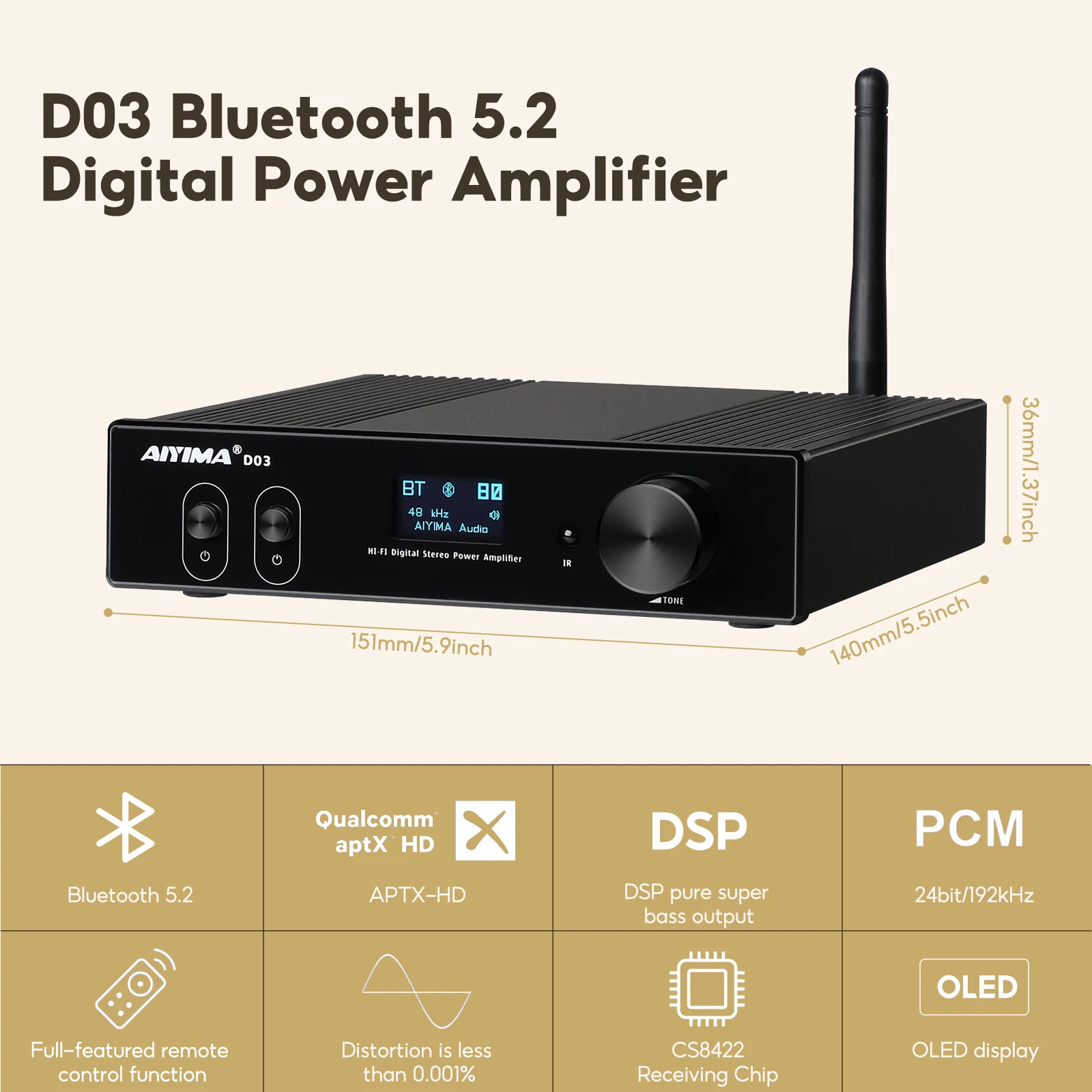 AIYIMA D03 150Wx2 Bluetooth HiFi Amplifier