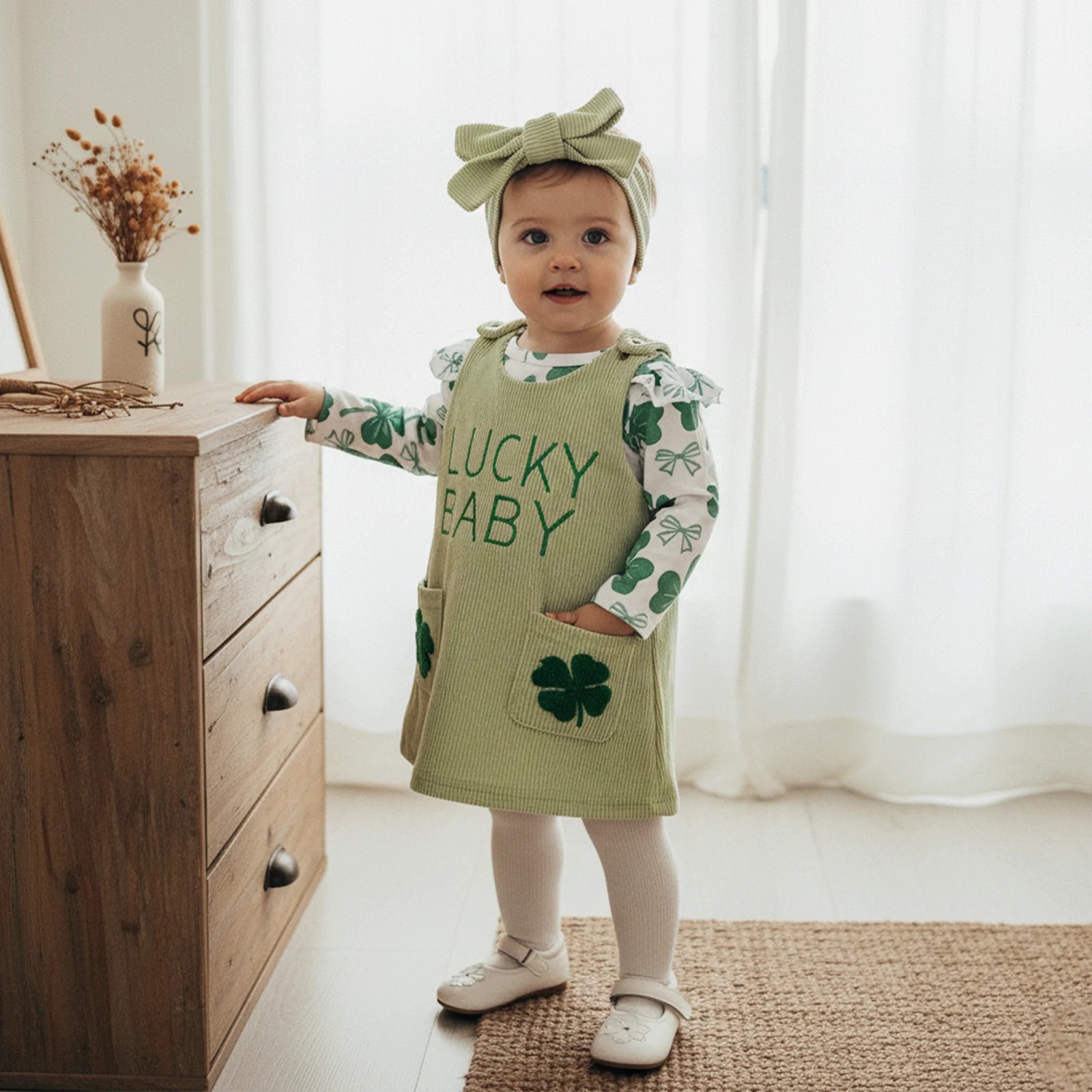 ملابس أطفال بناتي أيرلندية لطيفة بأكمام طويلة مطبوعة شامروك مع عصابة رأس فستان مكونة من 3 قطع