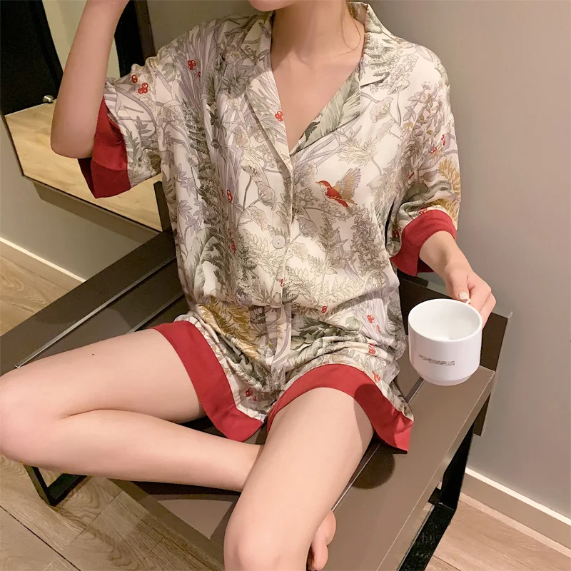 Summer Women Pajama Set Short Sleeve Pajamas for Woman Stain Silk Fashion Luxury Pijamas Flowers Bird Print Lapel Sleepwear