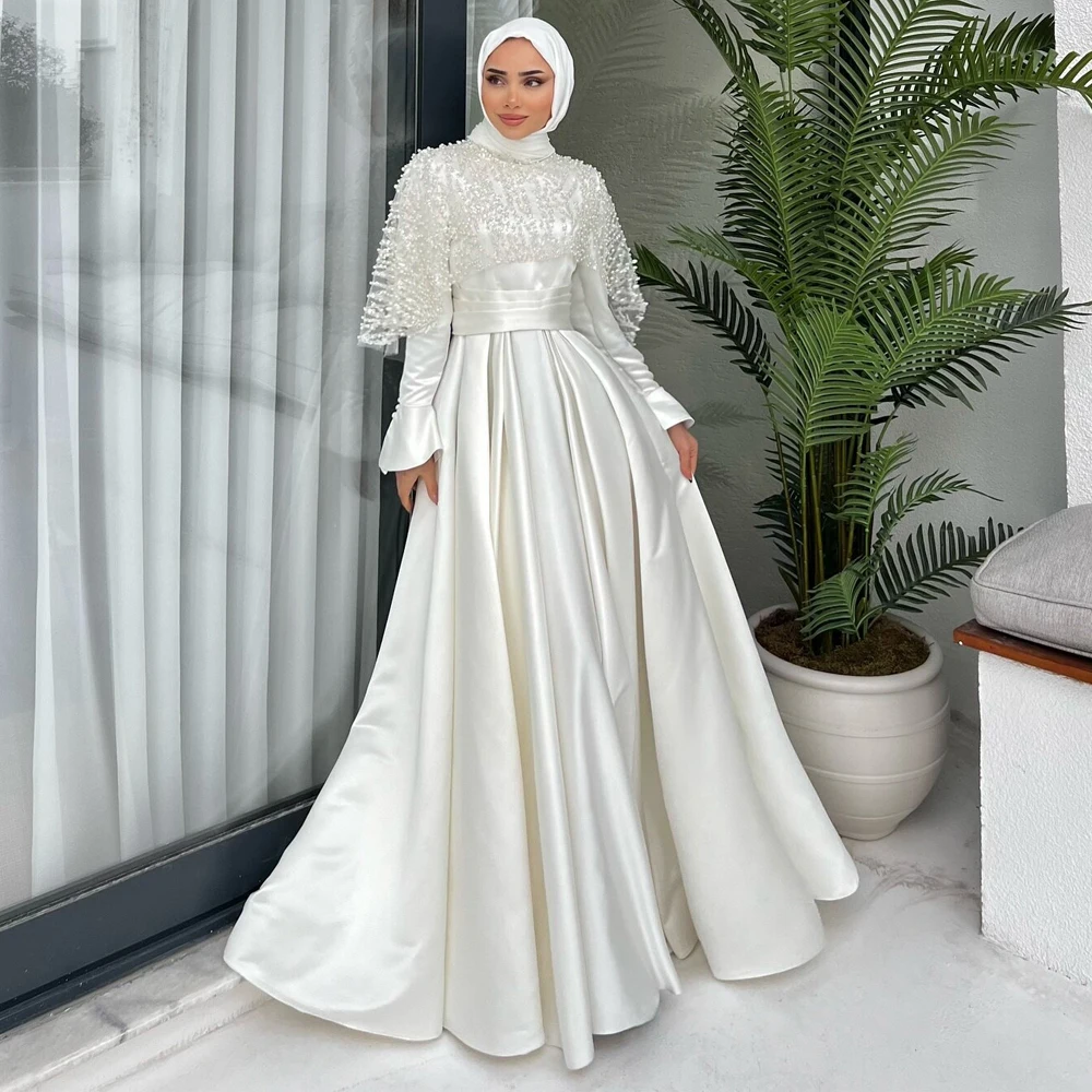 

Customized Ivory Muslim Wedding Dress with Pearls Jacket High Neck Flare Sleeve Bridal Gown Pleat Satin Hijab vestidos de novia