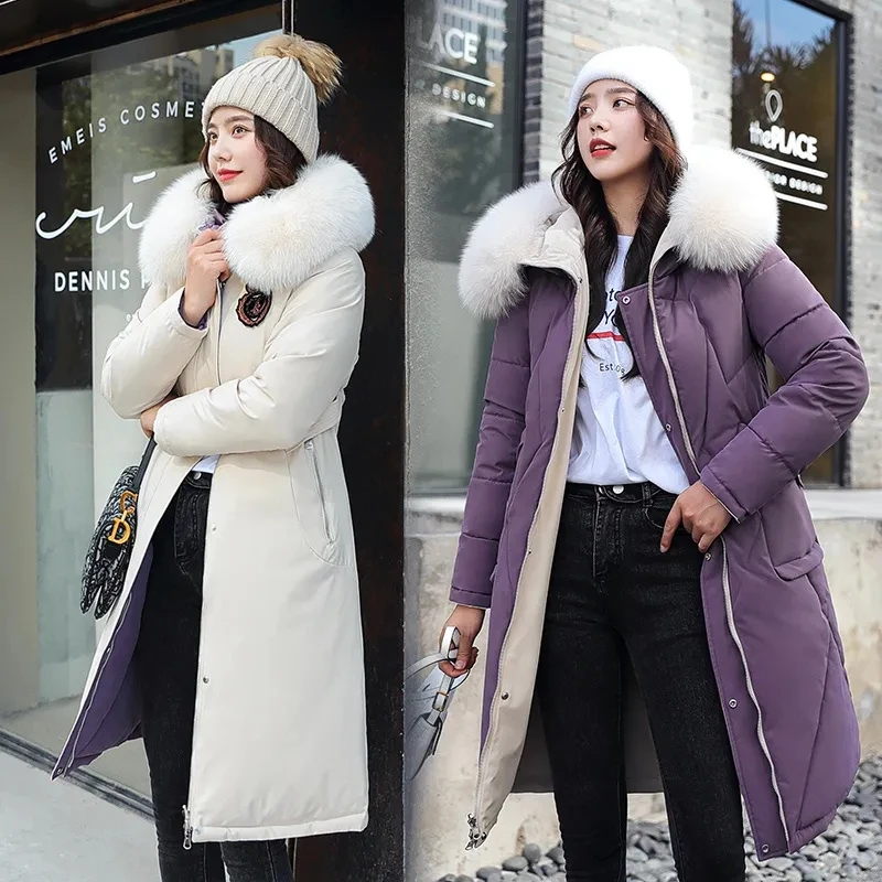 

Fashion Winter Hooded Parkas Big Fur Collar Padded Long Down Cotton Jacket Warm Wear Both Sides Puffer Snow Overcoat