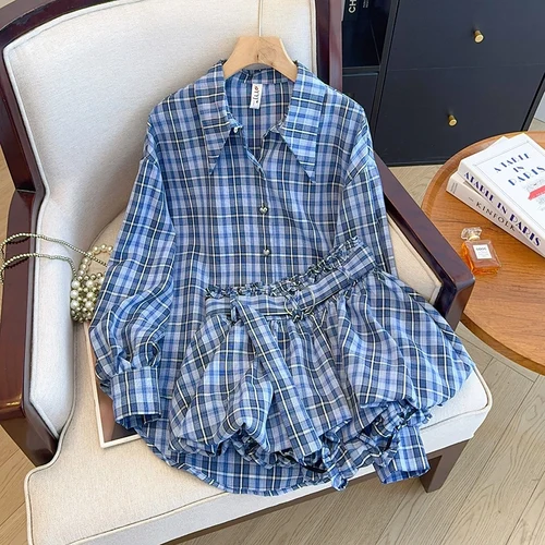 Imagen 2 del producto WTHT, nuevos trajes de moda para mujer, camisa a cuadros de manga larga con solapa, diseño de cinturón elástico, minifaldas, conjunto para mujer, verano 2025, 1LS1284