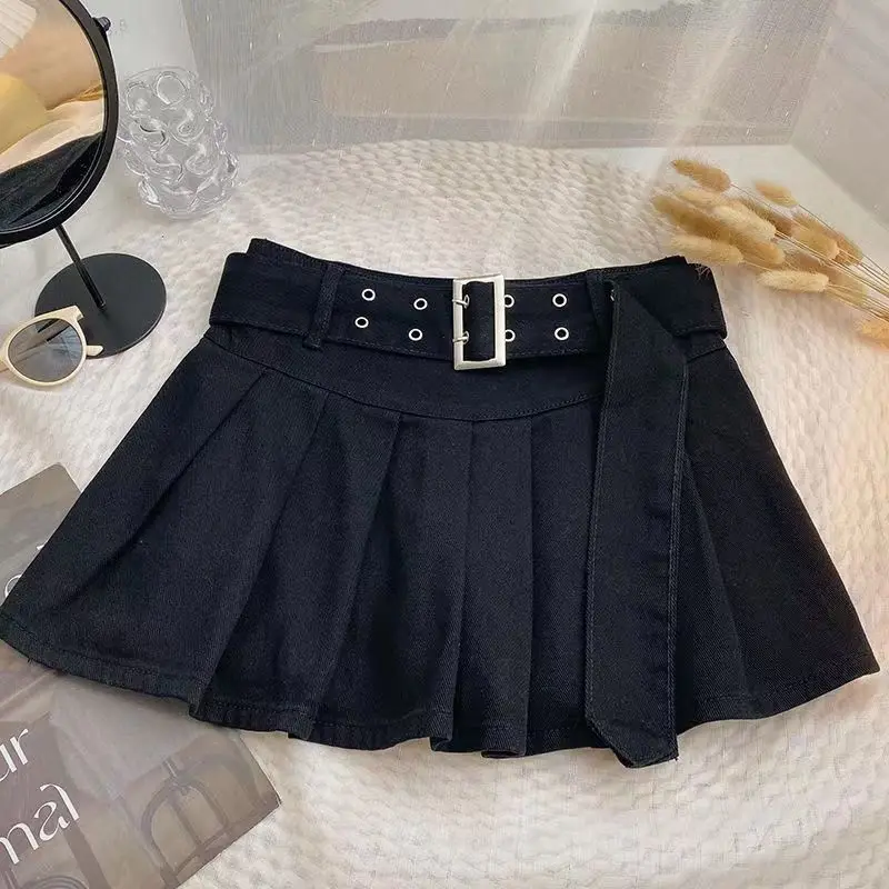 Girls Kids Summer Denim Pleated Skirt Elastic High Waist Ruffled Korean Fashion Modest A Line Casual Dress Up for Toddler Teen​