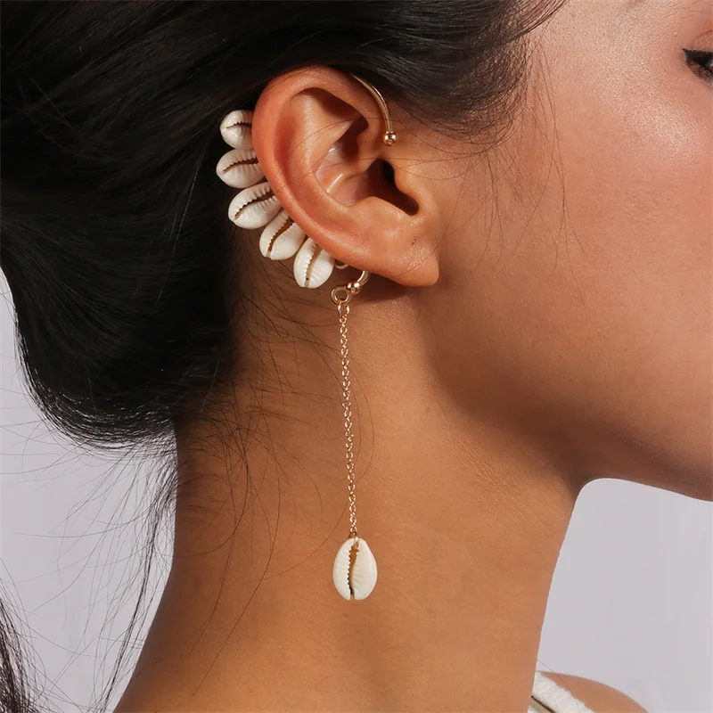 

Aihua New Fashion Gold Color Long Tassel Conch Shell Clip Earrings For Women Fake Cartilage Ear Clip Shell Ear Cuff Jewelry Gift
