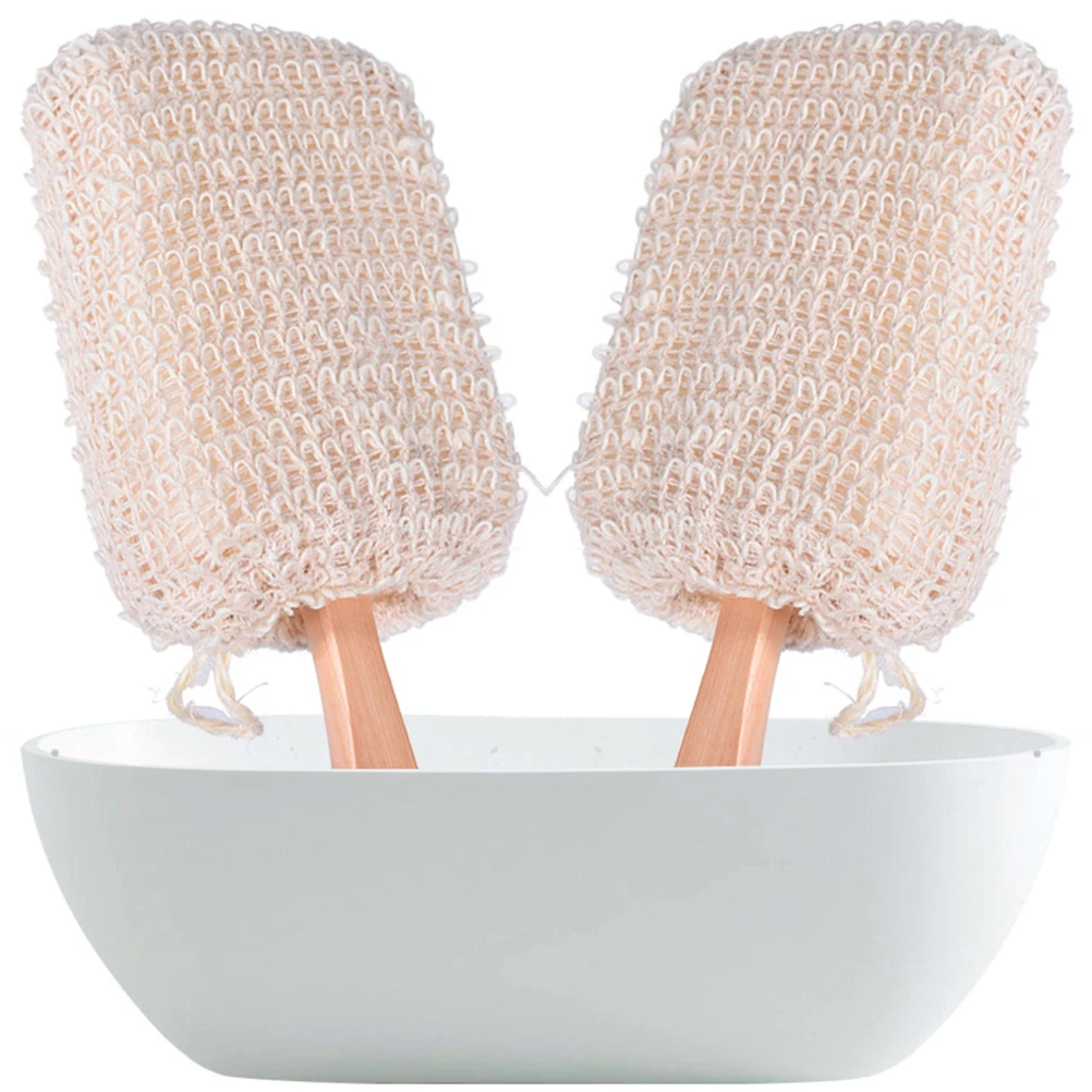 

2pcs Bamboo Wood Bath Brush Long Handle Cotton Linen Shower Back Scrubber Exfoliating Body Cleaner Foot Knees Softener