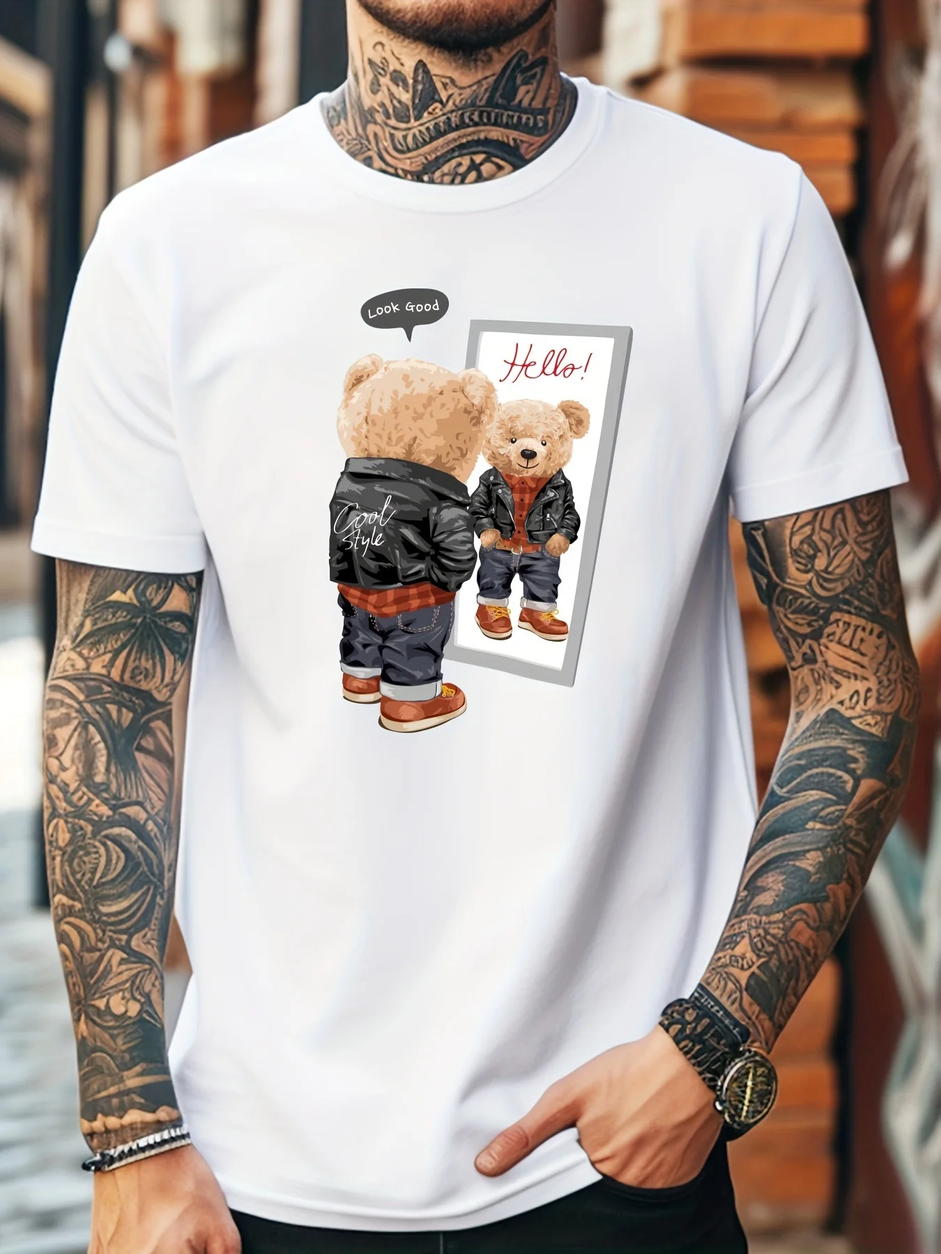 T-shirt da uomo estiva 100 cotone alla moda casual allentata grande orso fresco stampato sportivo girocollo manica corta