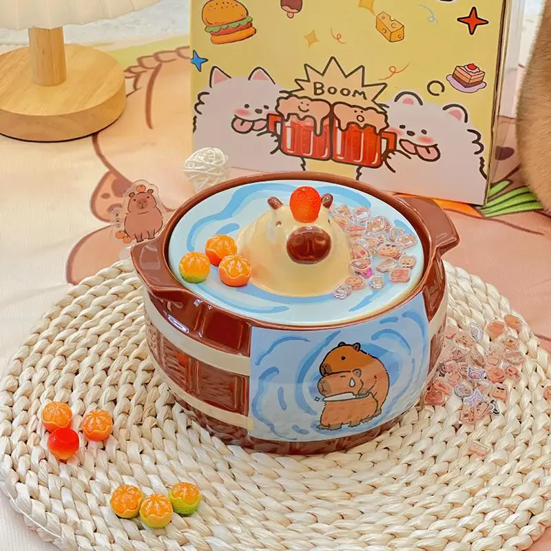 Creative Bathing Capybara Ramen Bowl Ceramic Noodles Bowl Soup Cups with Lid Large Capacity Breakfast Cereal Bowls Microwaveable