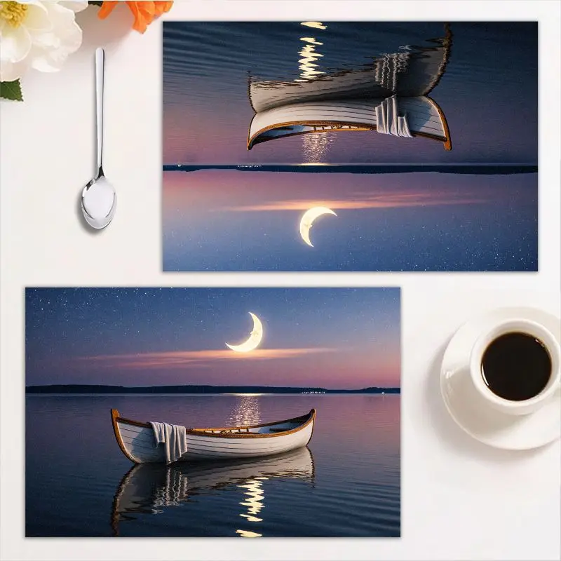Conjunto de mantel de 4 peças, design elegante do lago do pôr do sol, fácil de limpar, 12 × 18 polegadas, perfeito para jantares e celebrações.