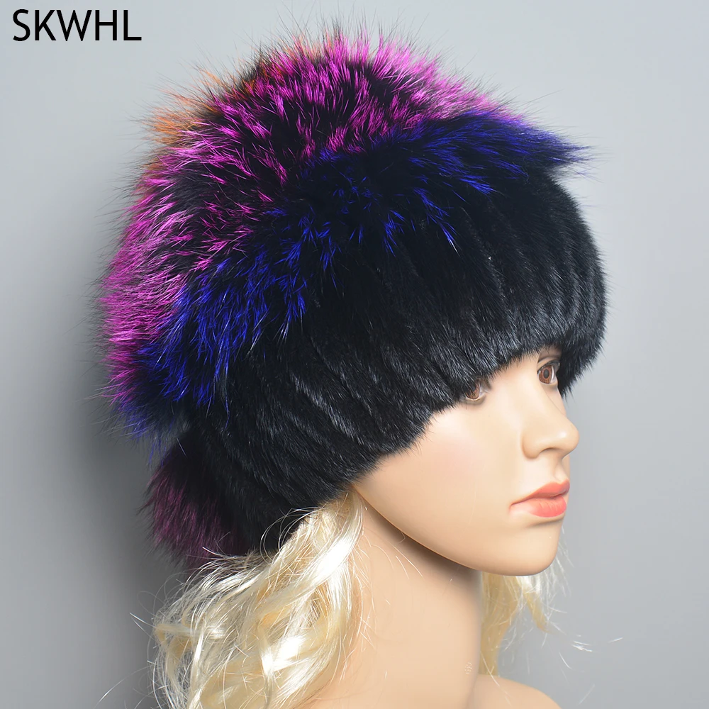 

Hot Sale Fashion Real Mink Fox Hat Winter Warm Women Knitting Caps Mink Hats Vertical Weaving With FOX Fur On The Top