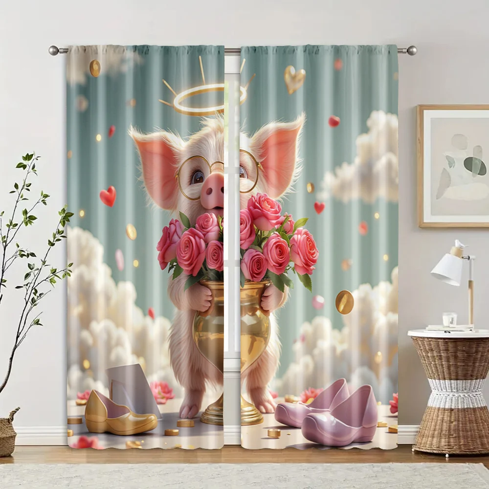 

2 pcs, filtering curtains (excluding rods, non-movable, without batteries) Cute Pig Angel (2) for use in bedrooms and living