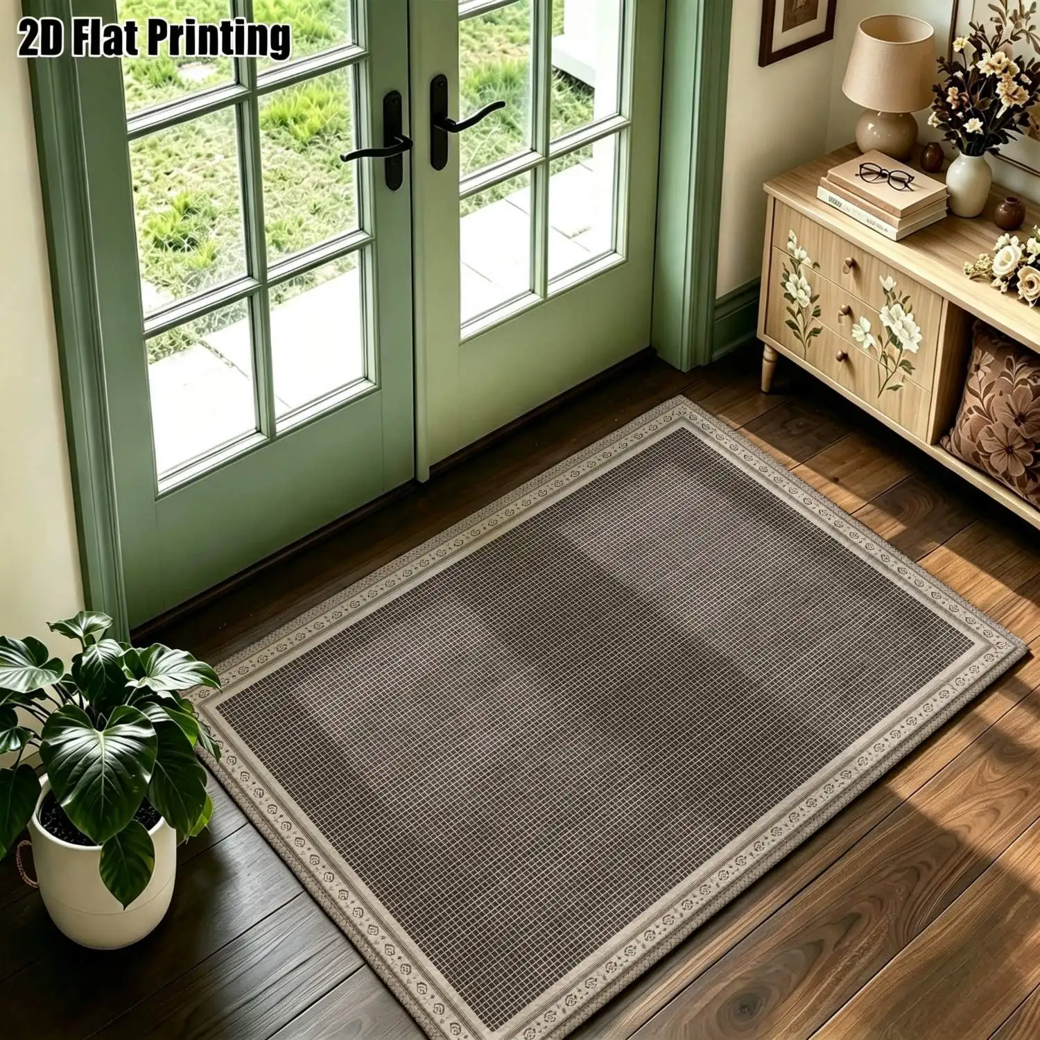 1Pc 2D Printed Dark Brown Checkered Carpet: European-Style Vintage Geometric Stripe Rug, with Simple Geometric Doormat, Home Decor, Multi-Size, Machine Washable, Suitable for Entrance, Dining Room, Foyer, Bedroom, Living Room