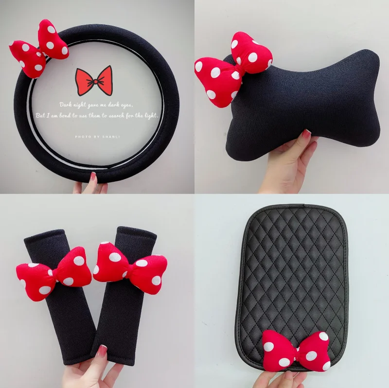 Car-mounted head pillow waist support bowknot steering wheel cover seatbelt covers tissue box storage for girls women