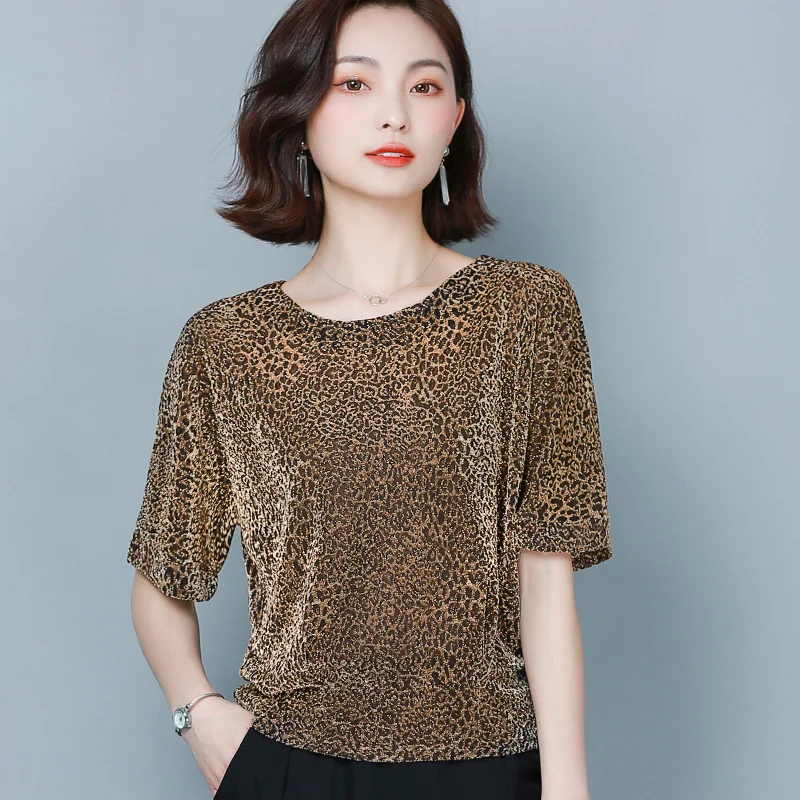 #1411 Gold Silver Red Black Leopard T Shirt Women Loose Bright Mesh T Shirt Female Office Lady Short Sleeve T-shirts Vintage