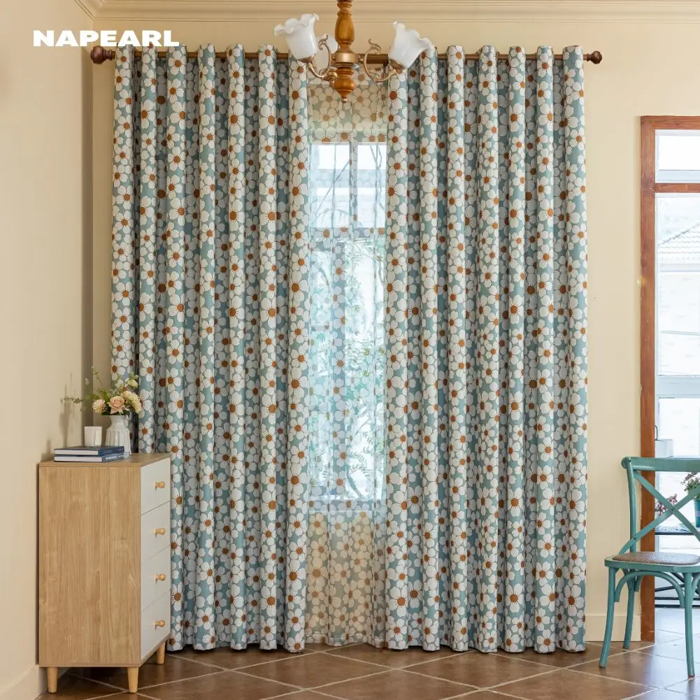 

1PC Chic Light Blue Curtains for Living Room Bedroom White Daisy Patterns Window Drapes 100% Blackout Home Decor