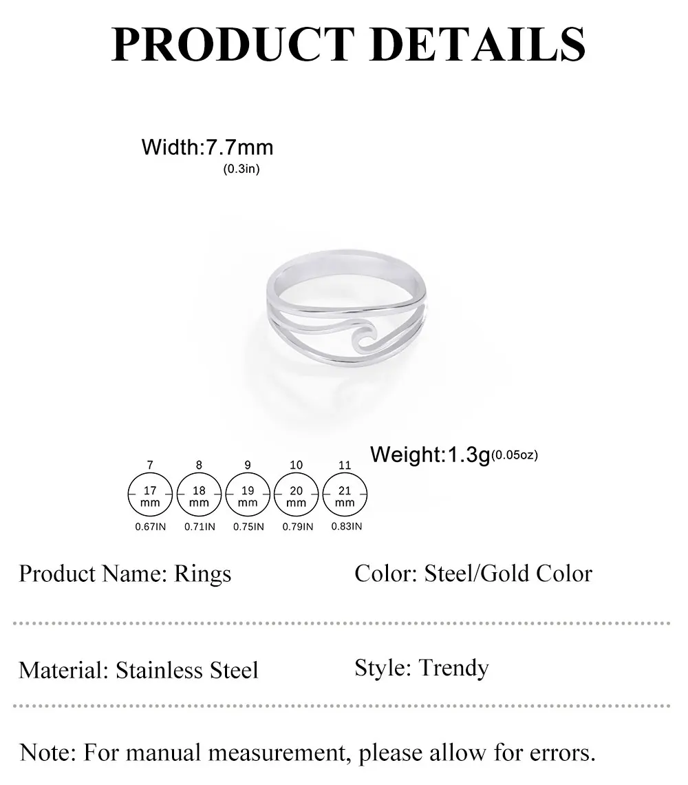 Lucktune Einfache Meereswellen-Ringe für Frauen, Edelstahl, trendige geometrische Ozean-Surf-Fingerringe, Schmuck, Hochzeit, Muttergeschenke – Detail 5